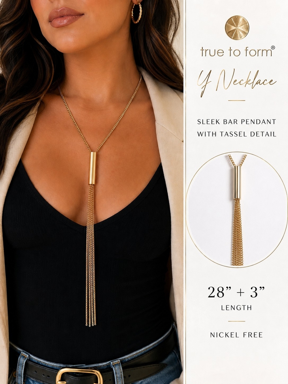 True to Form Gold Tone Y Tassel Necklace NIB 28"+3" Nickel Free